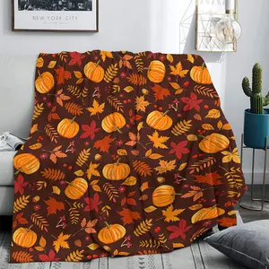 Soft Warm Blanket with Maple Leaf & Pumpkin Pattern, Perfect for Home Office Air-Conditioned Rooms Travel Naps, Cozy Throw for Fall Winter, Halloween