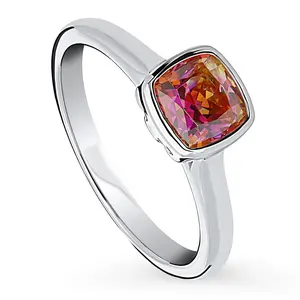 BERRICLE Sterling Silver Solitaire Kaleidoscope Ring for Women, 1.25 Carat Red Orange Bezel Set Cushion Cut Cubic Zirconia CZ