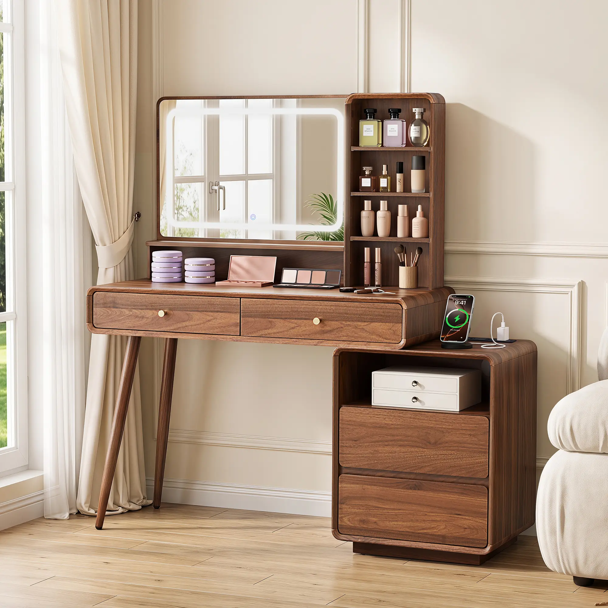 Giratree 51'' Wood Makeup Vanity Desk with Mirror and Lights, Socket | Brown Wood Vanity Table with 4 Drawers and 3 Shelves, 3 Color Modes & Adjustable Brightness Dressing Table, Bedroom Walnut