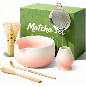Matcha Whisk Set, Ceramic Matcha Set Includes Bowl & Holder, Bamboo Whisk (Chasen), Scoop, Spoon and Sifter, 6PCS Matcha Kit Covers Everything Needed for Making Matcha (Pink)
