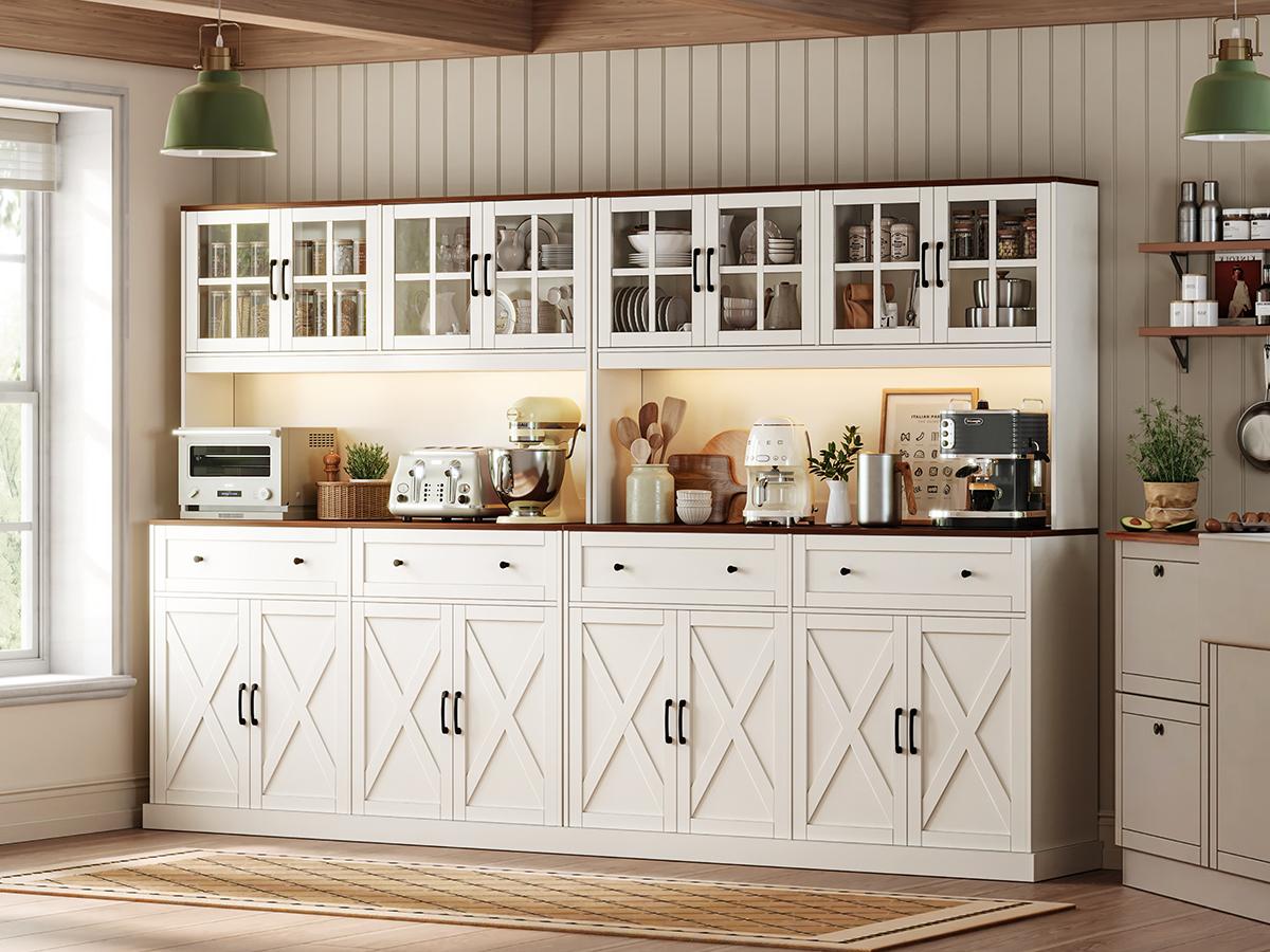 【2 Packages Shipping】PRAISUN 71''H x 55.1''W Pantry Cabinet with Charging Station, 4 Wide Cabinets Kitchen Pantry with 2 Drawers, Farmhouse Hutch Storage Cabinet, Tall Coffee Bar, Acrylic Door, Adjustable Shelves
