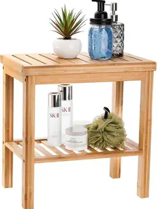 Bamboo Shower Bench, Bath Seat Stool, Spa Foot Rest Shaving Stool, Storage Shelf for Shampoo Towel, Works in Inside Bathroom, Living Room, Bedroom, Garden