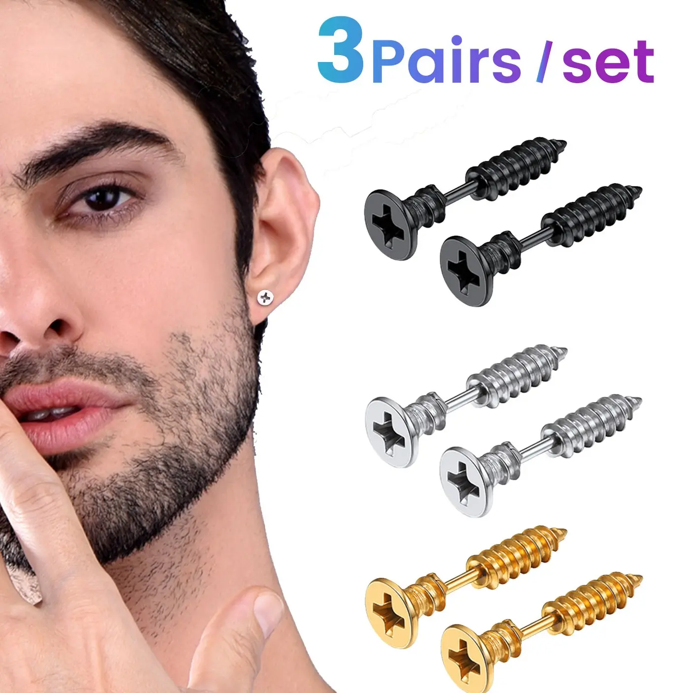 PROSTEEL Screw Earrings Set 3 Pairs Stainless Steel Punk Spiked Spike Earrings Jewelry Unisex For Men Women with Gift Box