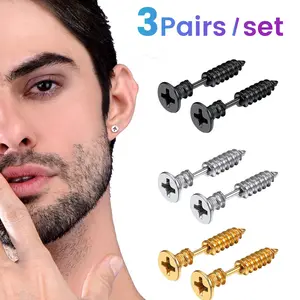 PROSTEEL Screw Earrings Set 3 Pairs Stainless Steel Punk Spiked Spike Earrings Jewelry Unisex For Men Women with Gift Box