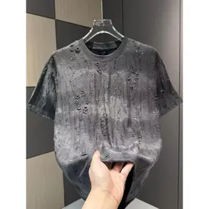 Summer New Men's Trendy Design Sense Distressed Gradient Short Sleeve T-Shirt Light Luxury High-End Starry Sky Crew Neck Top