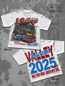 Men's Y2K Style Cotton Graphic Fitted T-Shirt, Dream Valley Design, Retro Car Repair Shop Look, Round Neck Drop Shoulder Sleeves, Perfect Gift