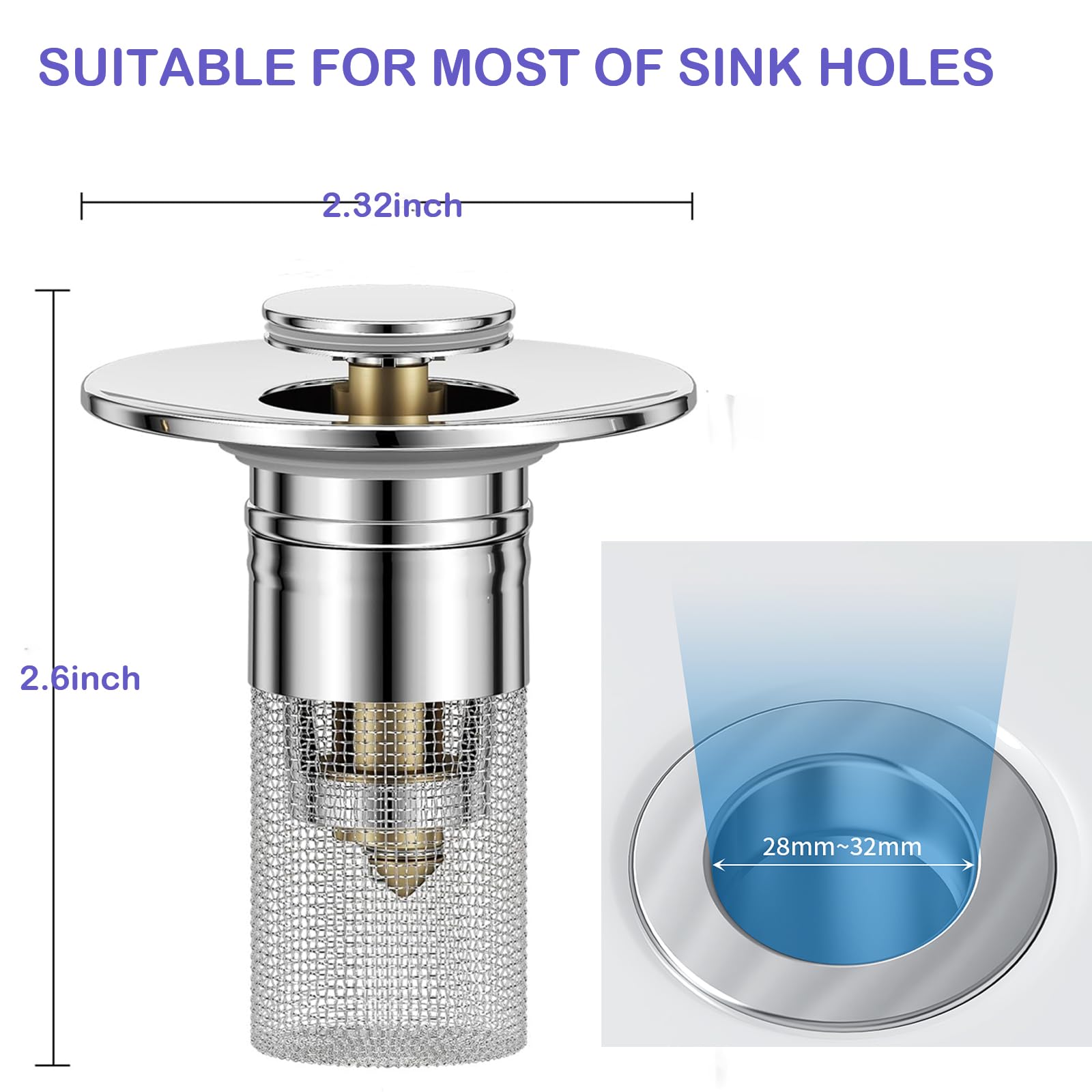 Bathroom Sink Drain Strainer, Pop-up Sink Drain Strainer with Removable Stainless Steel Strainer Basket Hair Catcher, Bathroom Sink Strainer for Bathroom Sink Stopper Replacement