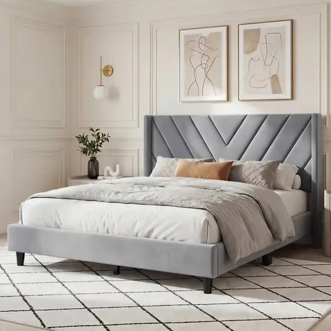 Costoffs Full Size Platform Bed Frame - Velvet Wingback Tufted Stitch Headboard, Luxe Touch, 12 Wooden Slats Support, No Box Spring Needed, 6" Under-Bed Space/6" Robot Pass, Light Gray Mattress Foundation, 750 lb Capacity, 75" L × 54" W