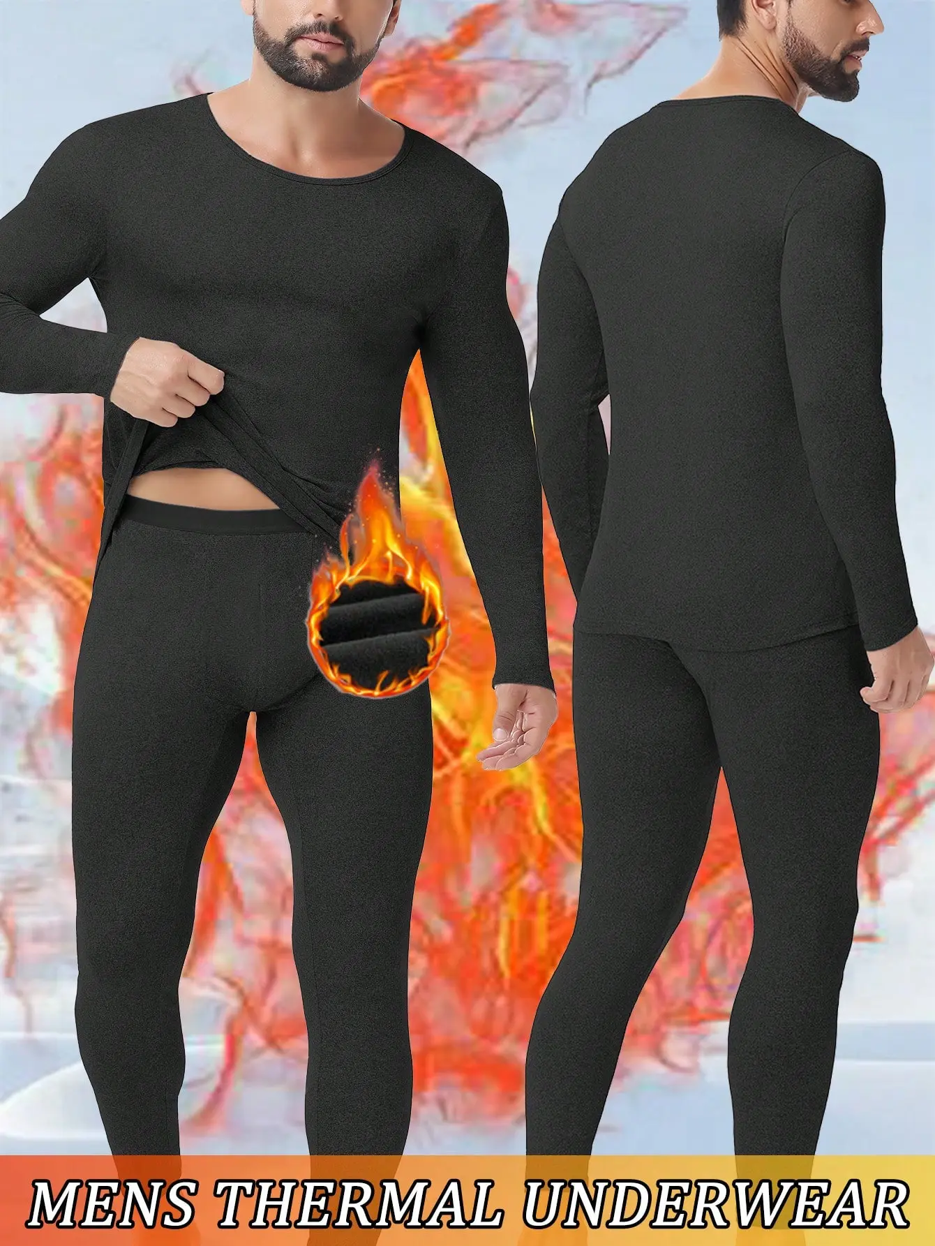 Men Plus Size Thermal Underwear Set,Men Fleece Lined Long Johns,Men Long Sleeves Top Bottom Thermo Base Layer For Cold Winter Warm Menswear Home Outdoor Skiing Sports Thermal Underwear Set Soft Breathable  Men Pajamas Black Crewneck