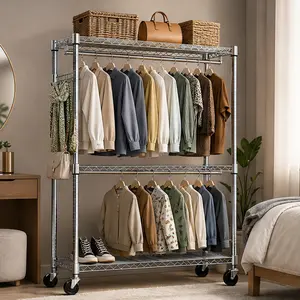ARCH Heavy Duty Rolling Garment Rack 3-Tier Adjustable Wire Shelving Clothes Rack with 2 Hanging Rods, Side Hooks, and Lockable Wheels, Chrome Carbon Steel, 15.7" D x 45.3" W x 79.6" H, for Bedroom Closet Laundry Room Storage, Chrome Color Options