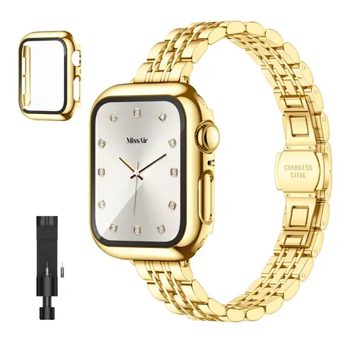 MISSAIR Chic Luxury Stainless Steel Gold Band + PC Cover Case, Dressy Women's Smartwatch Accessory for 40mm/41mm/42mm/44mm/45mm/46mm/49mm Wearable Devices, Protective Wearable Tech Accessories with Personalized Fit