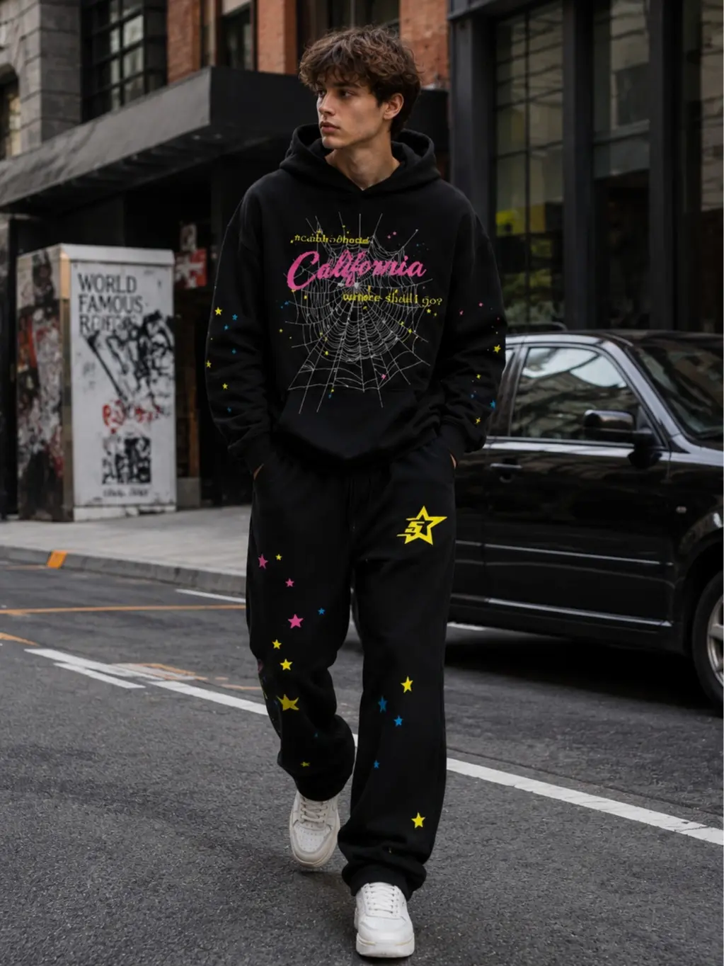 Men’s plus-size hoodie with spider and star pattern, paired with athletic casual pants set — Y2K streetwear matching sportswear outfit