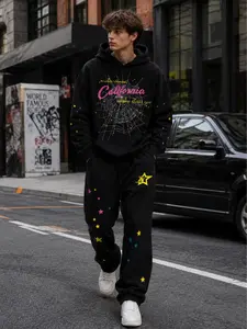 Men’s plus-size hoodie with spider and star pattern, paired with athletic casual pants set — Y2K streetwear matching sportswear outfit