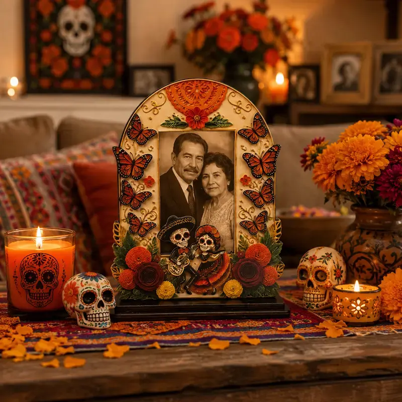 Unique Butterfly Motif Flower Decorative Wood Frame - Tabletop Size Día de los Muertos Altar Decor, Indoor Recreation Desk Photo Display, Halloween Decorations Gift (Multiple Styles)