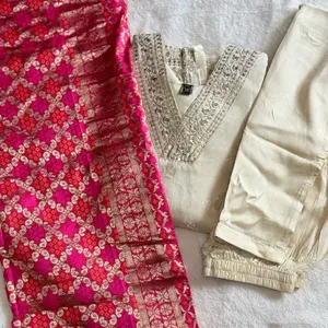 Ivory Tassel silk Kurta Salwar set with Banarasi  Dupatta ( Final sale NO RETURN / REFUND )