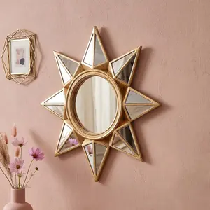 Sunflower Star Wall Mirror, European Vintage Wall Mirror, Luxury Gold Frame Entryway Mirror, Bohemian Style Wall Decor, Decorative Wall Mirror