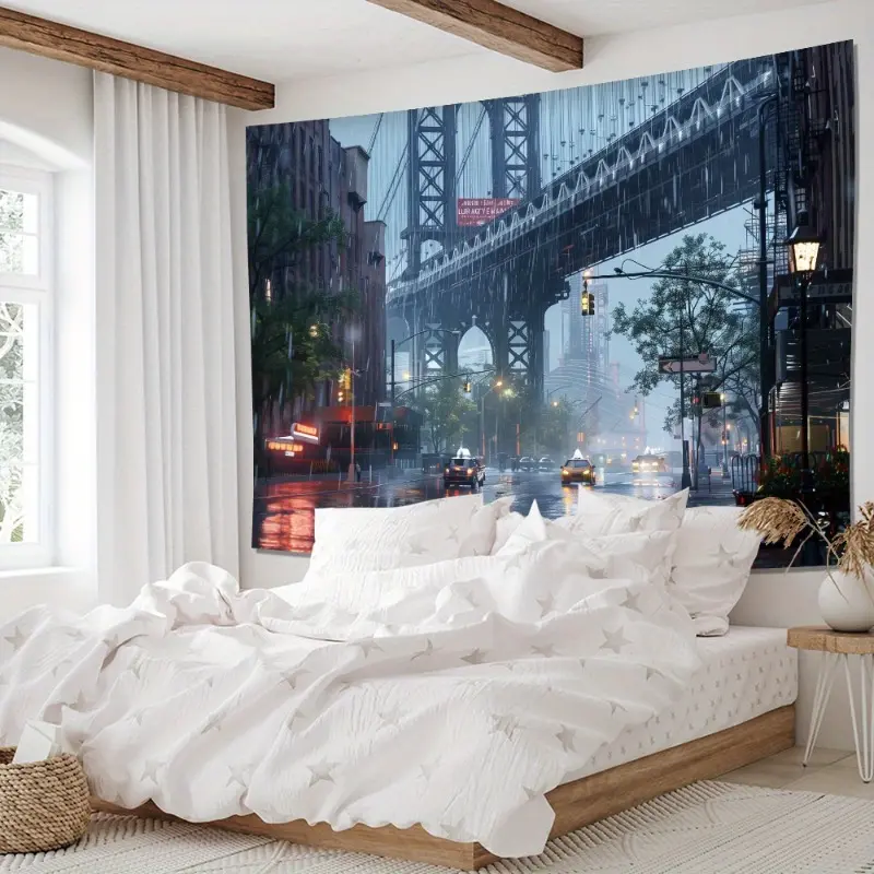 Rain-Washed City Scene Wall Tapestry - Polyester Woven No-Electricity Wall Hanging with Architecture Theme for Living Room, Bedroom, Office Home Decor Art Decoration Design