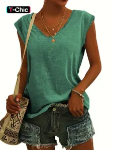 Women's Plain V Neck Short Sleeve Tee, Casual Minimalist Solid Cap Sleeve Fitted Basic T-Shirt for Summer, Summer Outfits 2024, Women's Top for Daily Wear, Womenswear