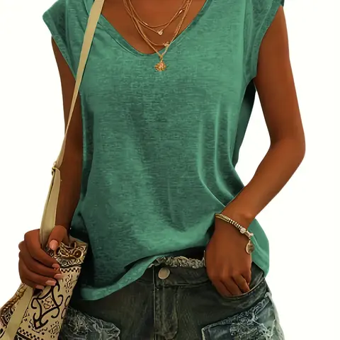Women's Plain V Neck Short Sleeve Tee, Casual Minimalist Solid Cap Sleeve Fitted Basic T-Shirt for Summer, Summer Outfits 2024, Women's Top for Daily Wear, Casual Chic Top, Casual T Shirts, Womenswear