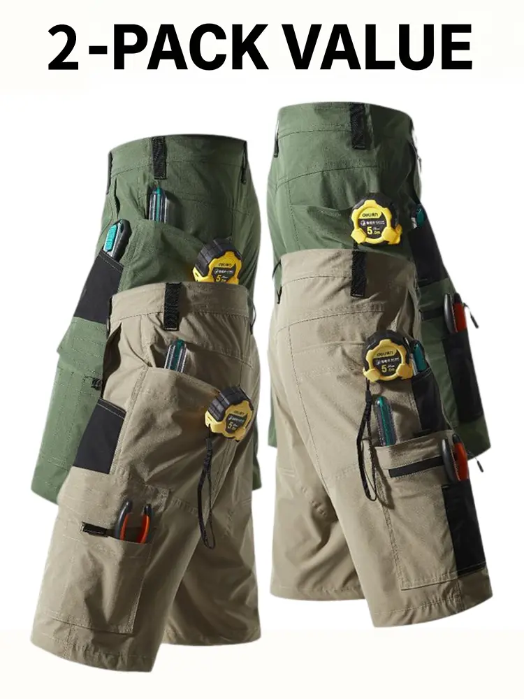 Men's 3-Pack American Hardcore Integrated Pocket Work Shorts - Wear-Resistant, Multi-Pocket Tool Storage, Mid-Thigh, for Outdoor Work, Commuting, Integrated Pocket Men's Shorts