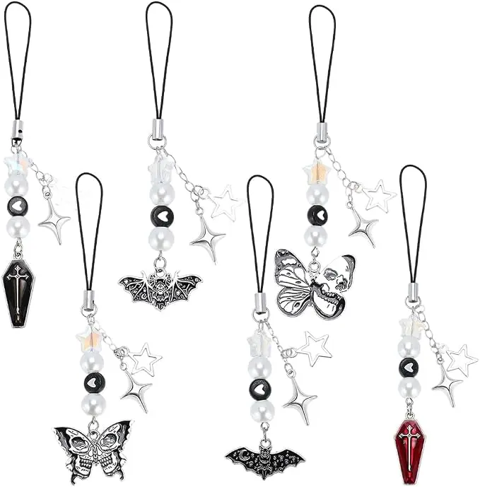 Halloween Fall Gift 1 Box 6Pcs Gothic Phone Charm Phone Charms Strap Halloween Black Red Bat Butterfly Coffin Pendants Phonecharms Accessories for Women Adults Cellphone Case Keychains Bag Camera Decor