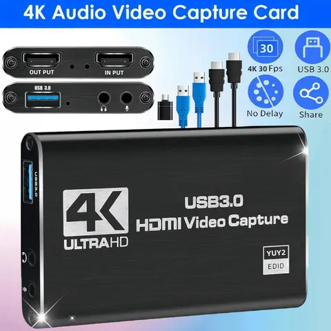 Aluminium 4K USB 3.0 Video Capture Card with Black-HDMI Output, Full HD 1080P 60FPS Cam Link, No Delay, Female-to-Female Connector for PS5/Switch Streaming