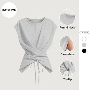 Katch Me Chic Women's Chic Solid Color Round Neck Cinched Waist Tie-Up Sleeveless Top, Elegant Soft Going Out Outfit, Summer Daily Streetwear