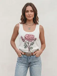 Women's Retro Floral Print Knit Sweater Vest Scalloped Square Neck Sleeveless Tank Top Western Summer Knitwear