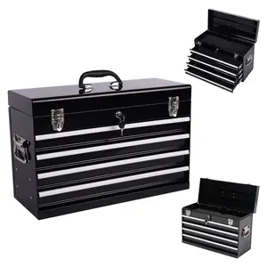 Heavy-Duty Anti-Rust Black Steel Tool Box, 21x13.38x8.62 In, 4 Drawers with Auto-Locking System & Ball Bearing Slides, EVA Anti-Shock Padding, Portable Handle, Tool Storage Chest for Garage & Workshop