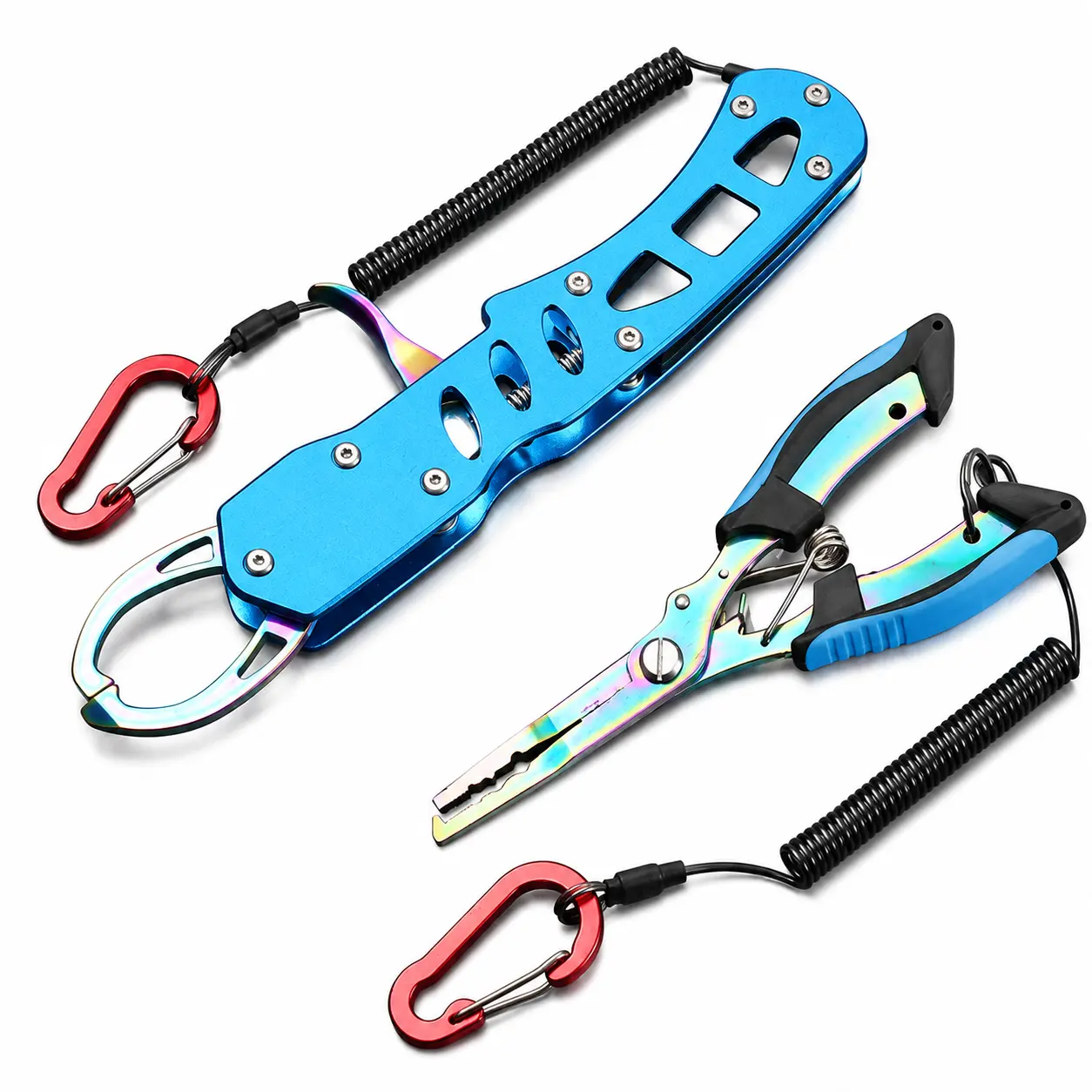 Fishing Lip Gripper & Multifunctional Pliers Set - Compact, Lightweight, Anti-Rust Titanium Alloy Coated Fish Control Tool Kit with Lanyard, 1-Hand Press, Self-Lock Grip for Saltwater, Freshwater Bass Gifts for Men