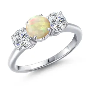 Gem Stone King 3-Stone Engagement Ring for Women in 925 Sterling Silver | Gemstone Birthstone and Lab Grown Diamond | Wedding Anniversary Promise Ring | Sizes 5-9