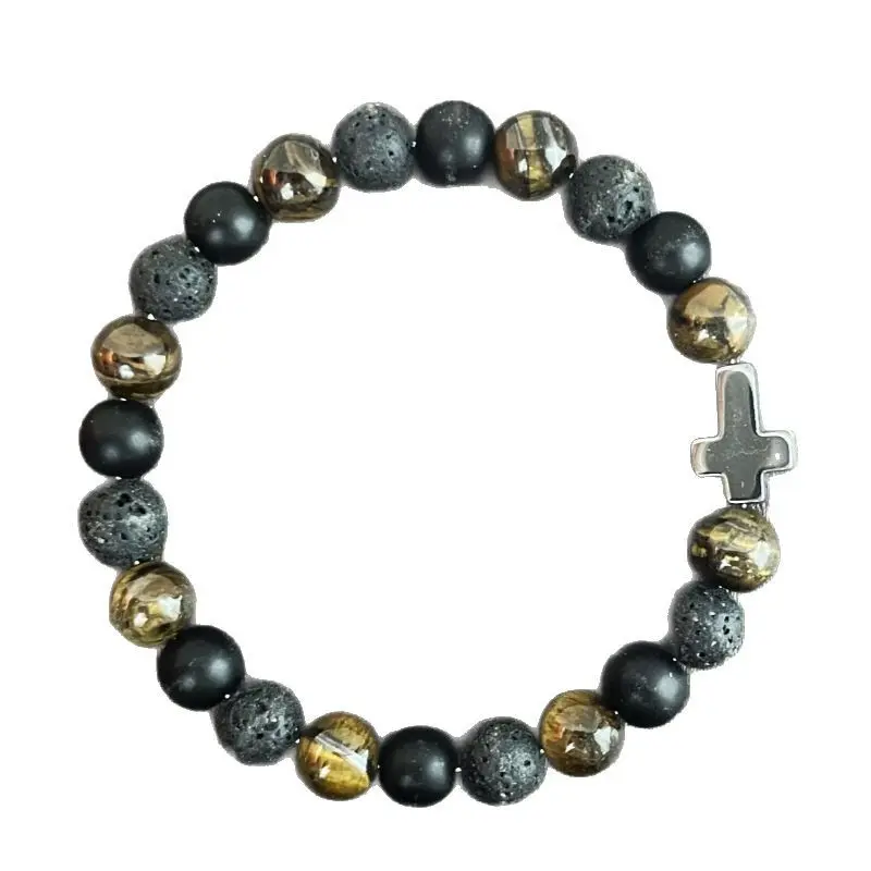 Protection Natural Crystal Bracelet Tiger Eye Lava Stone Cross Charm for Negative Energy Shield Spiritual Protection Handmade Craftsmanship