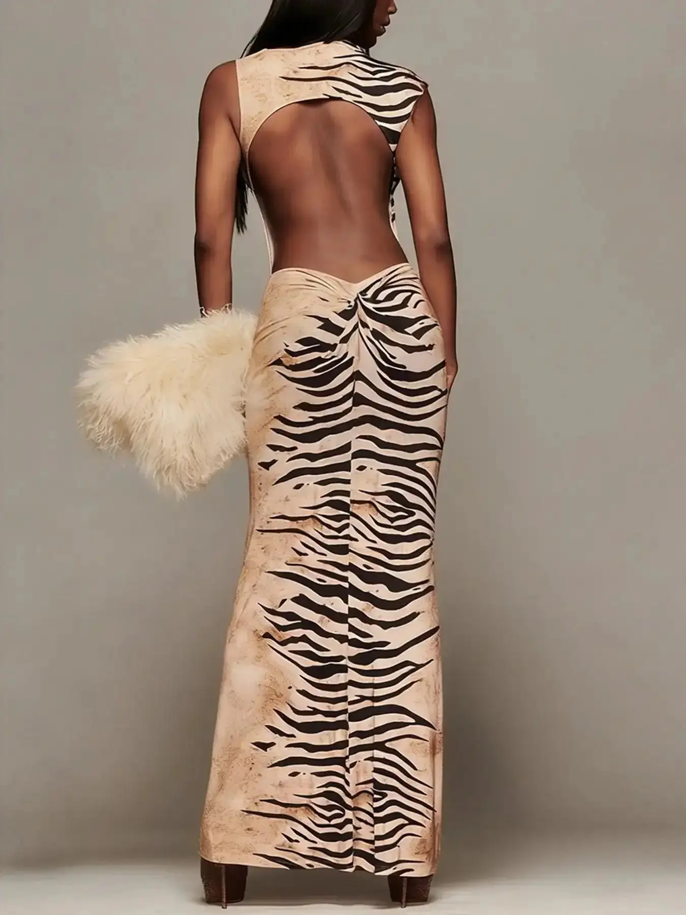 Women's Zebra Striped Sleeveless Dress, Womenswear Sexy Long Dress with Ruched Back, Slim-Fitting Patterned Clothing, Elegant and Stylish Design, Backless Ruched, Backless Bodycon Sundress