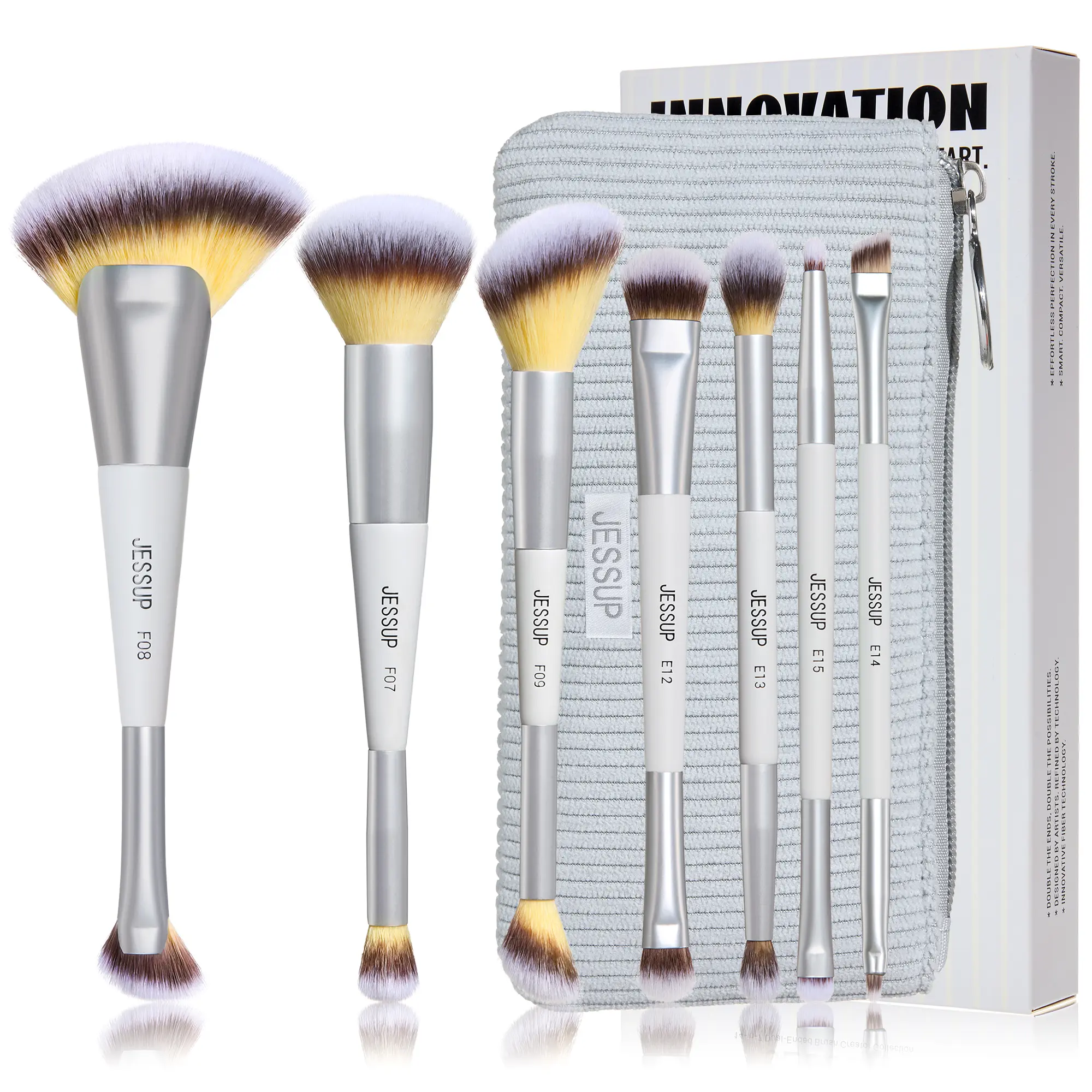 Jessup 7PCS Dual-Ended Makeup Brush Set with Travel Pouch T520 Quiet Gray, Face & Eye Brushes for Foundation, Blush, Contour & Eyeshadow