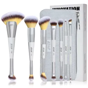 Jessup 7PCS Dual-Ended Makeup Brush Set T520 Premium Synthetic Foundation Contour Blush Blending Eyebrow Eyeshadow Concealer Brushes with Bag Quiet Gray