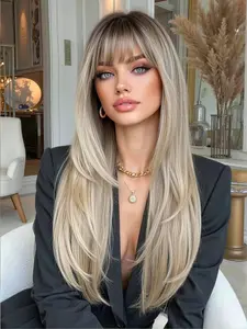 24-Inch Ash Blonde Gradient Long Straight Wig with Bangs, Heat-Resistant No-Glue Soft Synthetic Hair, Comfortable Fashion Wig for Women
