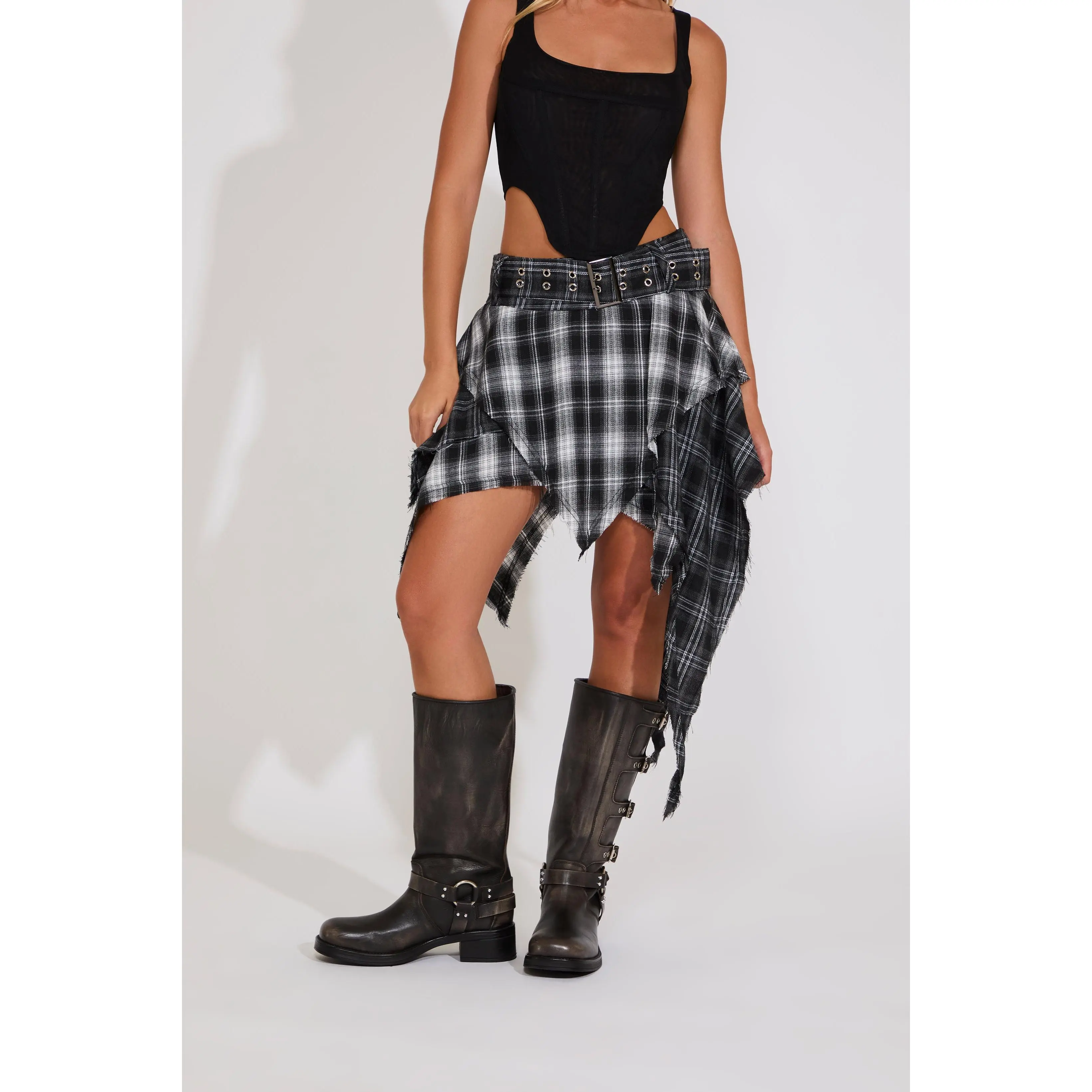 PLAID FLANNEL TIERED ASYMMETRIC HEM BELTED SKIRT