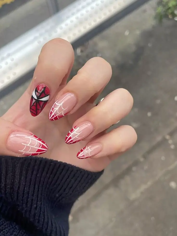 Red Spider Web Press On Nails, Hero Mask Accent Design, Long Almond Fake Nails, Glossy Nude French Tip Nail Set