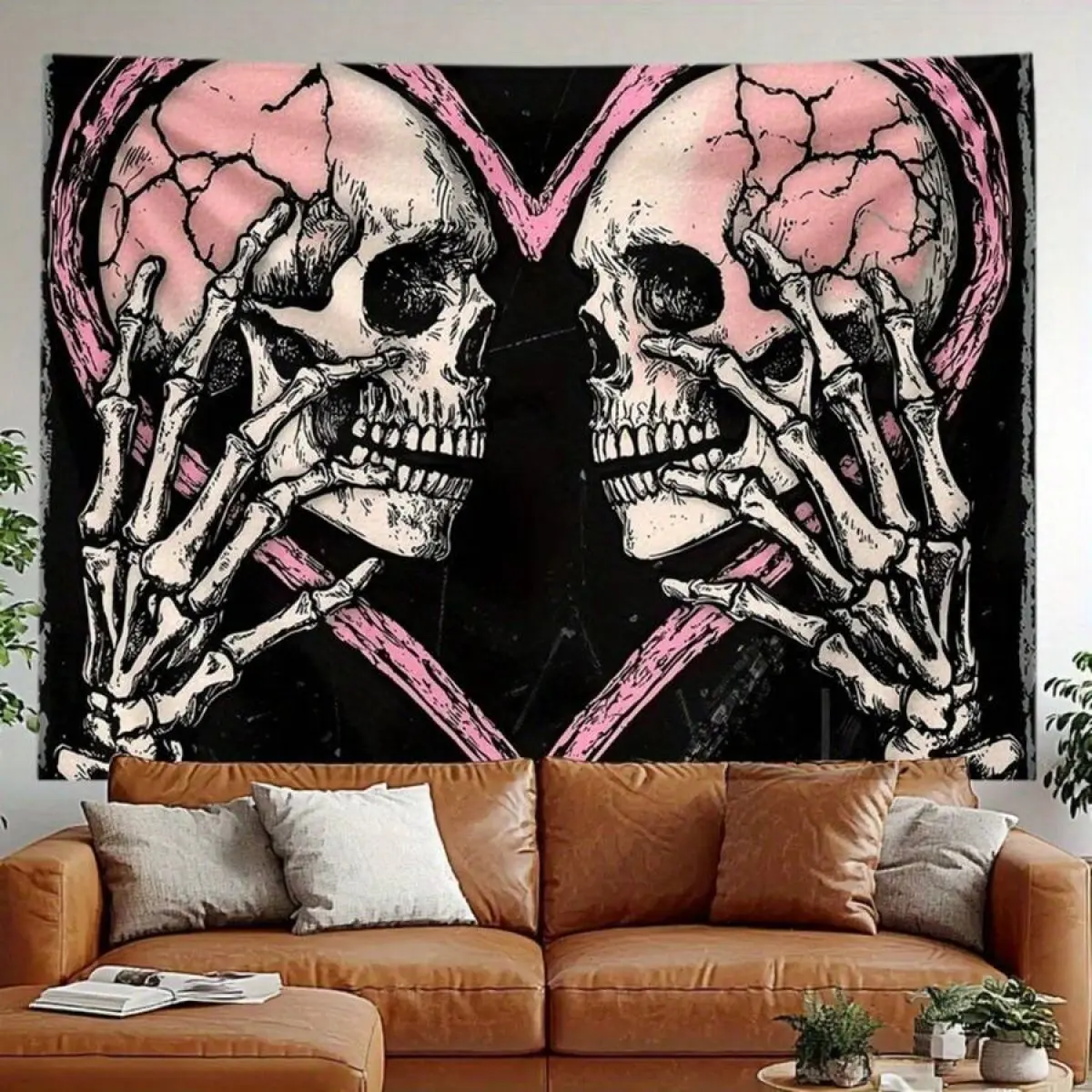 1Pc Gothic Love Skeleton Print Tapestry - Vintage Black-Pink Skull Home Decor, Lightweight Durable Polyester, Multiple Sizes, Photo Backdrop, Decor Inspo for Bedroom Dorm