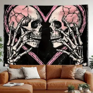 1Pc Gothic Love Skeleton Print Tapestry, Vintage-Inspired Black-Pink Skull Decorative Design, Lightweight Durable Polyester, Multiple Sizes, Hanging Backdrop for Bedroom Dorm Decor, Unique Home Decor Gift Idea