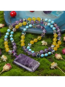 Bohemian style lady's natural stone beaded necklace. Handmade purple rectangular pendant necklace. Casual party accessory gift - the best gift for your friends.