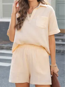 Women's Parchment Crinkle Textured Polo Shirt and Shorts Sets, Casual Everyday Two-Piece Loungewear Outfits for Women, Relaxed Pure-Cotton Short-Sleeve Tops and High-Waist Shorts Apparel