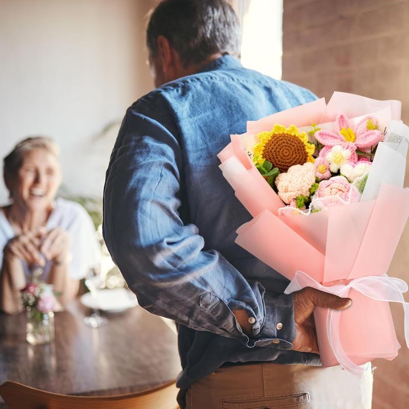 Crochet Flower Bouquet Kit 12 PCS Pink Handmade Knitted Fake Sunflower Rose Daisy for Christmas Mother's Day Birthday Wedding Home Decor Gifts