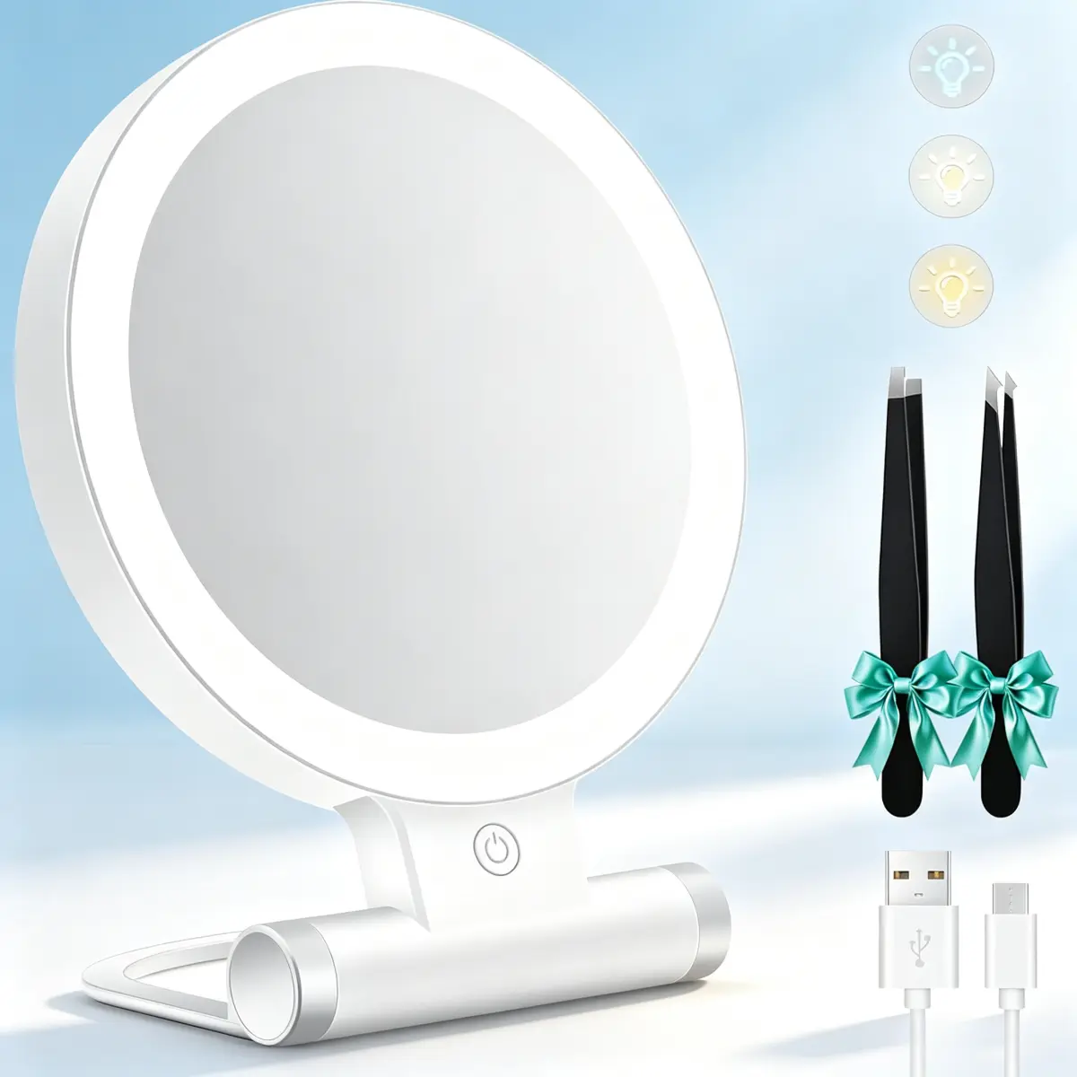 Double-Sided Lighted Magnifying Mirror with Tweezers - Foldable Frame, 1X/30X Light & Zoom, 2000mAh Battery, 3 Color Modes, Adjustable Brightness, Travel-Ready Bathroom Gadget (9in L x 7in W), Single Unit