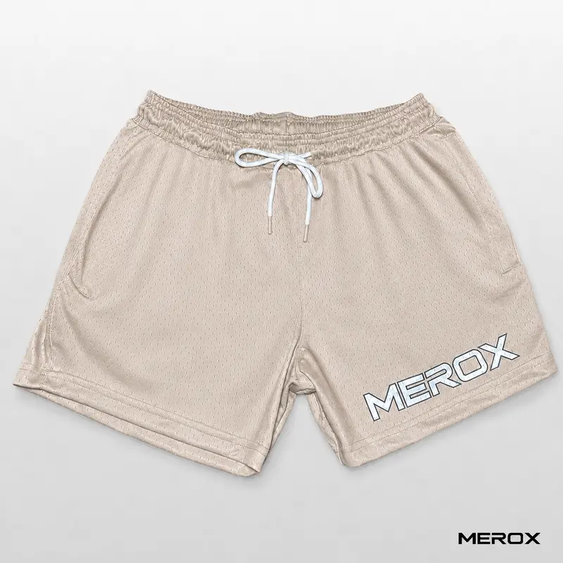 MEROX Tan Beige 5-Inch Mesh Shorts for Men and Women, Unisex Breathable Athletic Gym Shorts with Zipper Pockets, Adjustable Elastic Drawstring Waist and No Liner, Workout, Running, Basketball and Casual Streetwear, S-XXL