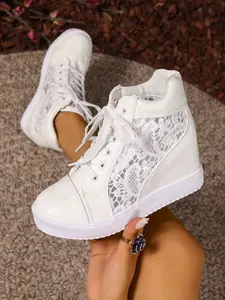 Women's Lace Patchwork Elevator High Top Shoes, Sweet Breathable Wedge Casual Sneakers, All Seasons PU Material