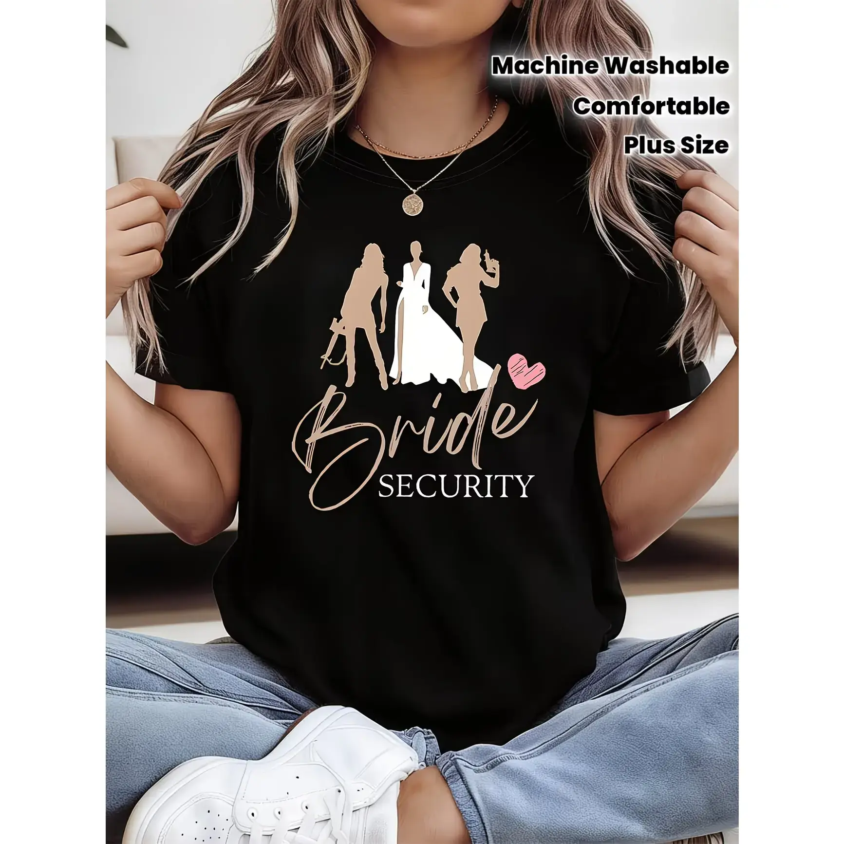 Women's Plus Size Soft Loose Cotton Short-Sleeve Round Neck Tee - Breathable Casual Fit, Wedding-Themed "Bride SECURITY" "Bride Squad" Print, Black, Machine Washable, Suitable for Spring Summer Fall, Everyday Top