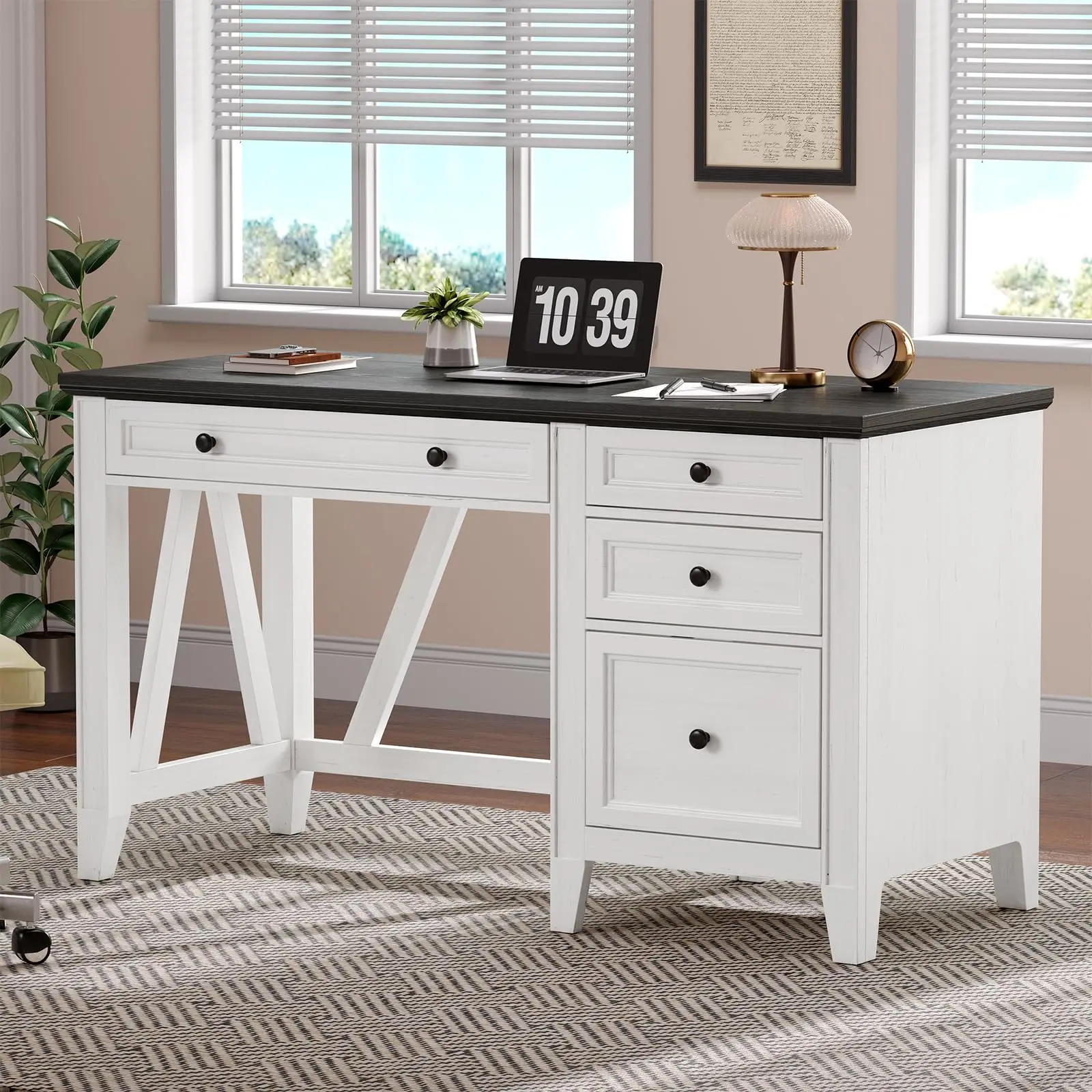 【SummerFinds】ONBRILL 54 Inch Farmhouse Executive Desk, Computer Desk with Drawers, Home Office Desk with Charging Station, for Working Studying Writing SummerFinds