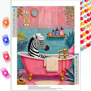 A Diamond Painting Kit with Multiple Size Options (30X40 Cm, 40X50 Cm) Featuring a Pink Bathroom And Zebra Design, Fully Drills Round Mosaic Handmade Art, Perfect for Home Decor Gifts, Unique Creative Ideas, And an Ideal Present for Birthdays,Frameless