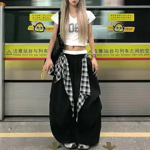 Y2K Black Cargo Sweatpants - Plaid Patchwork Baggy Joggers, Harajuku Wide Leg Streetwear Womenswear Bottom Wideleg Trouser Basic Casual Minimalist